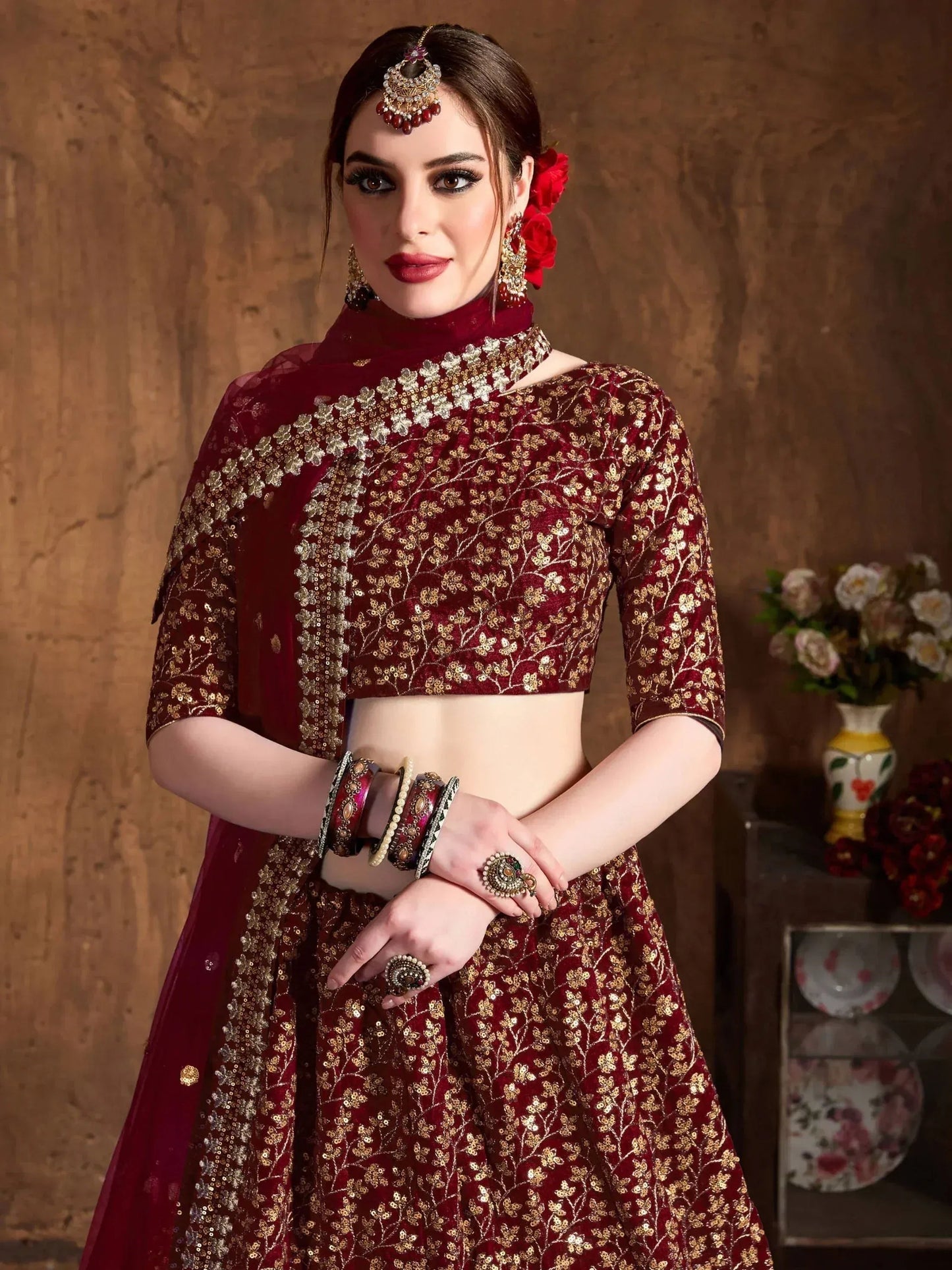 Tulsi Art Maroon Zari Embroidery Raw Silk Wedding Lehenga Choli With Dupatta