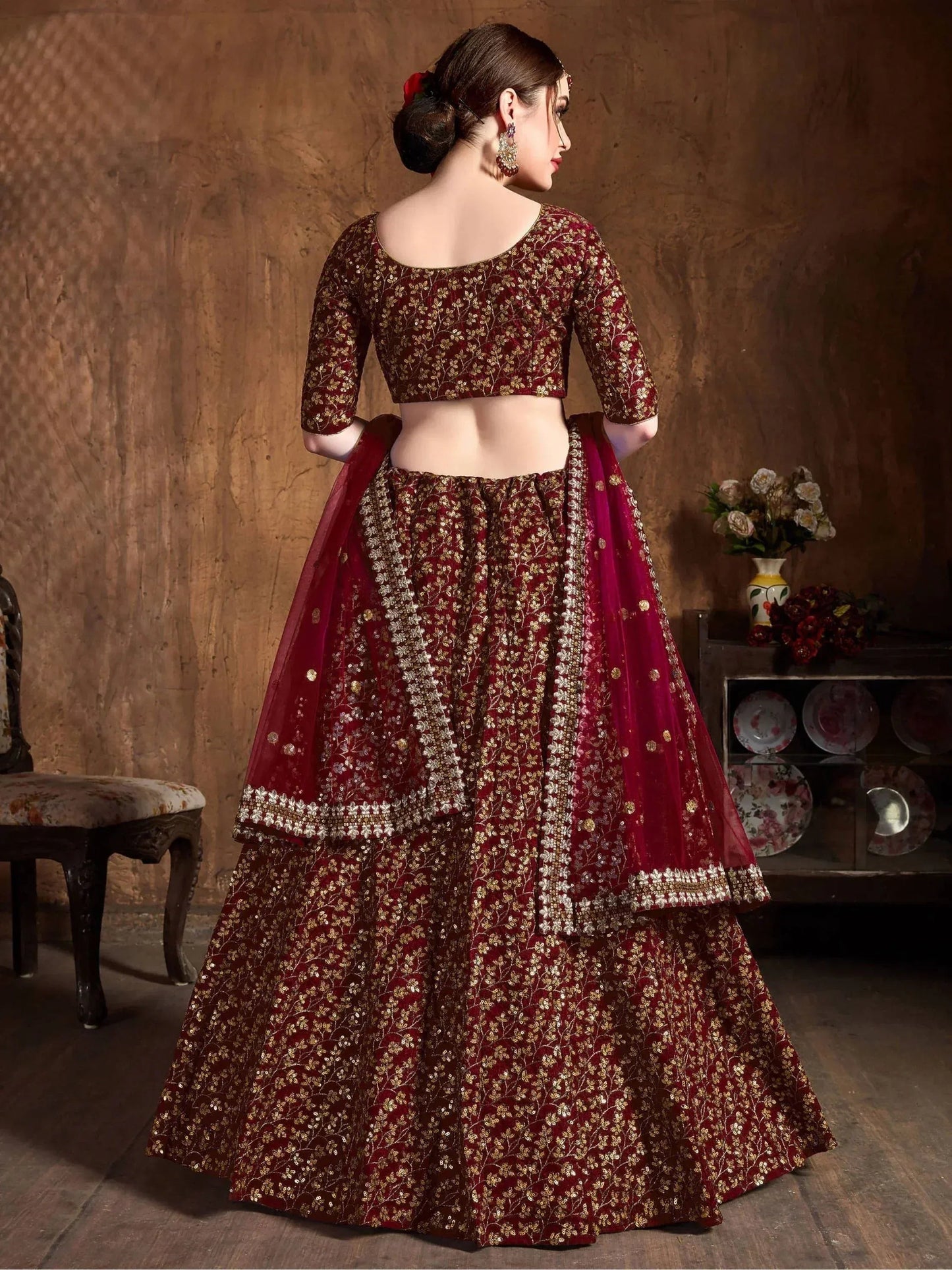 Tulsi Art Maroon Zari Embroidery Raw Silk Wedding Lehenga Choli With Dupatta