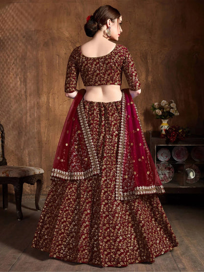 Tulsi Art Maroon Zari Embroidery Raw Silk Wedding Lehenga Choli With Dupatta