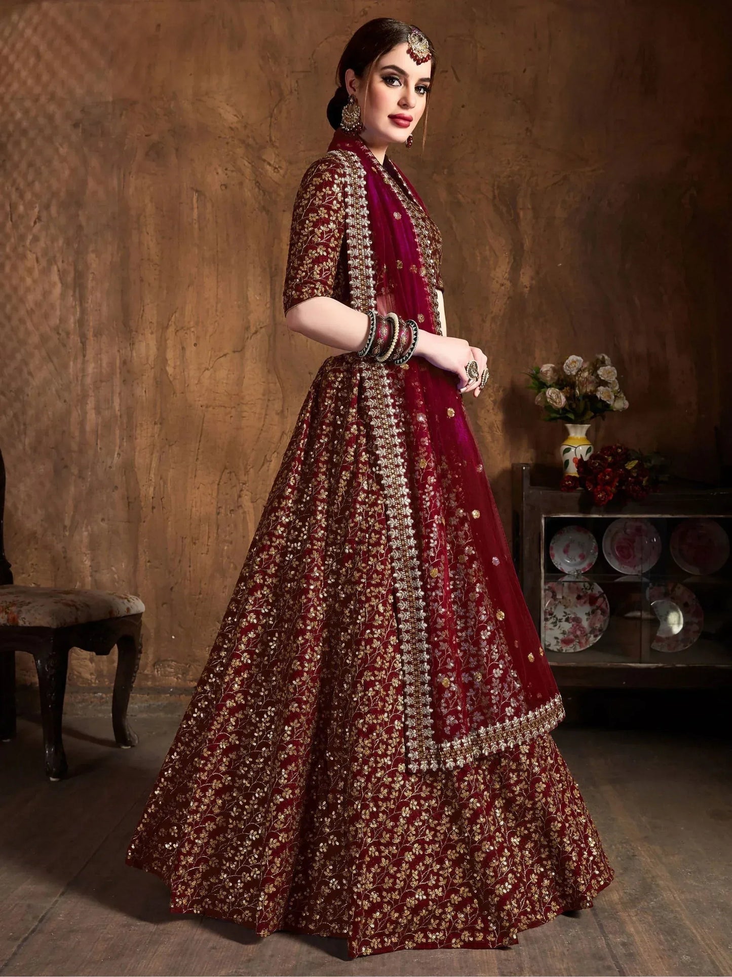 Tulsi Art Maroon Zari Embroidery Raw Silk Wedding Lehenga Choli With Dupatta