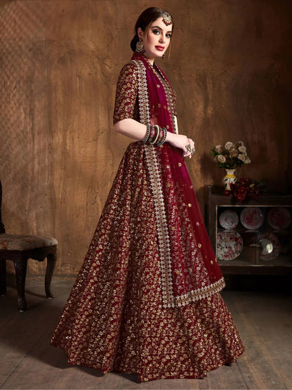 Tulsi Art Maroon Zari Embroidery Raw Silk Wedding Lehenga Choli With Dupatta