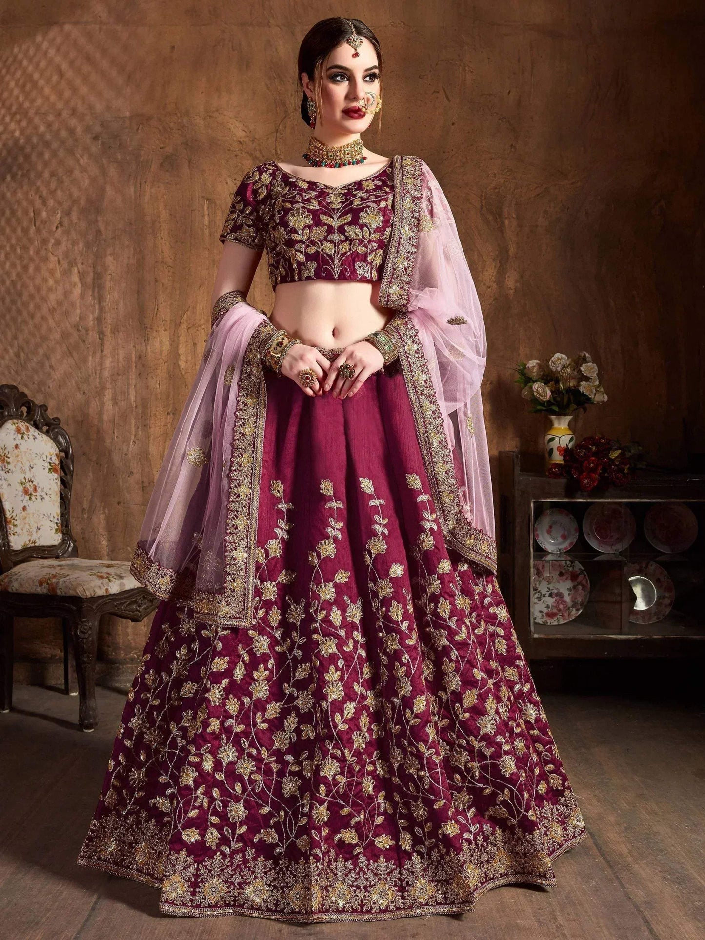 Tulsi Art Maroon Sequins Raw Silk Bridal Lehenga Choli With Pink Dupatta