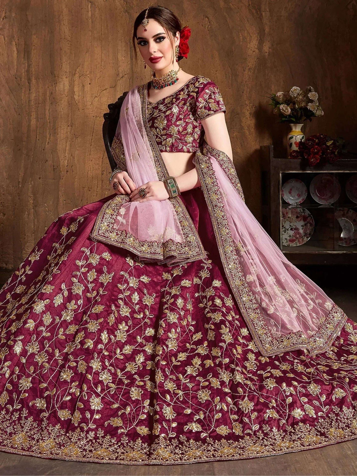 Tulsi Art Maroon Sequins Raw Silk Bridal Lehenga Choli With Pink Dupatta