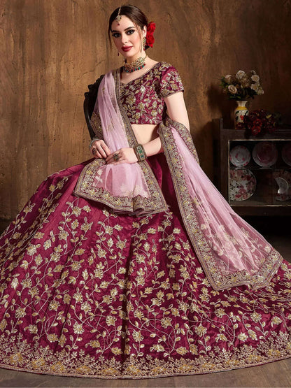 Tulsi Art Maroon Sequins Raw Silk Bridal Lehenga Choli With Pink Dupatta