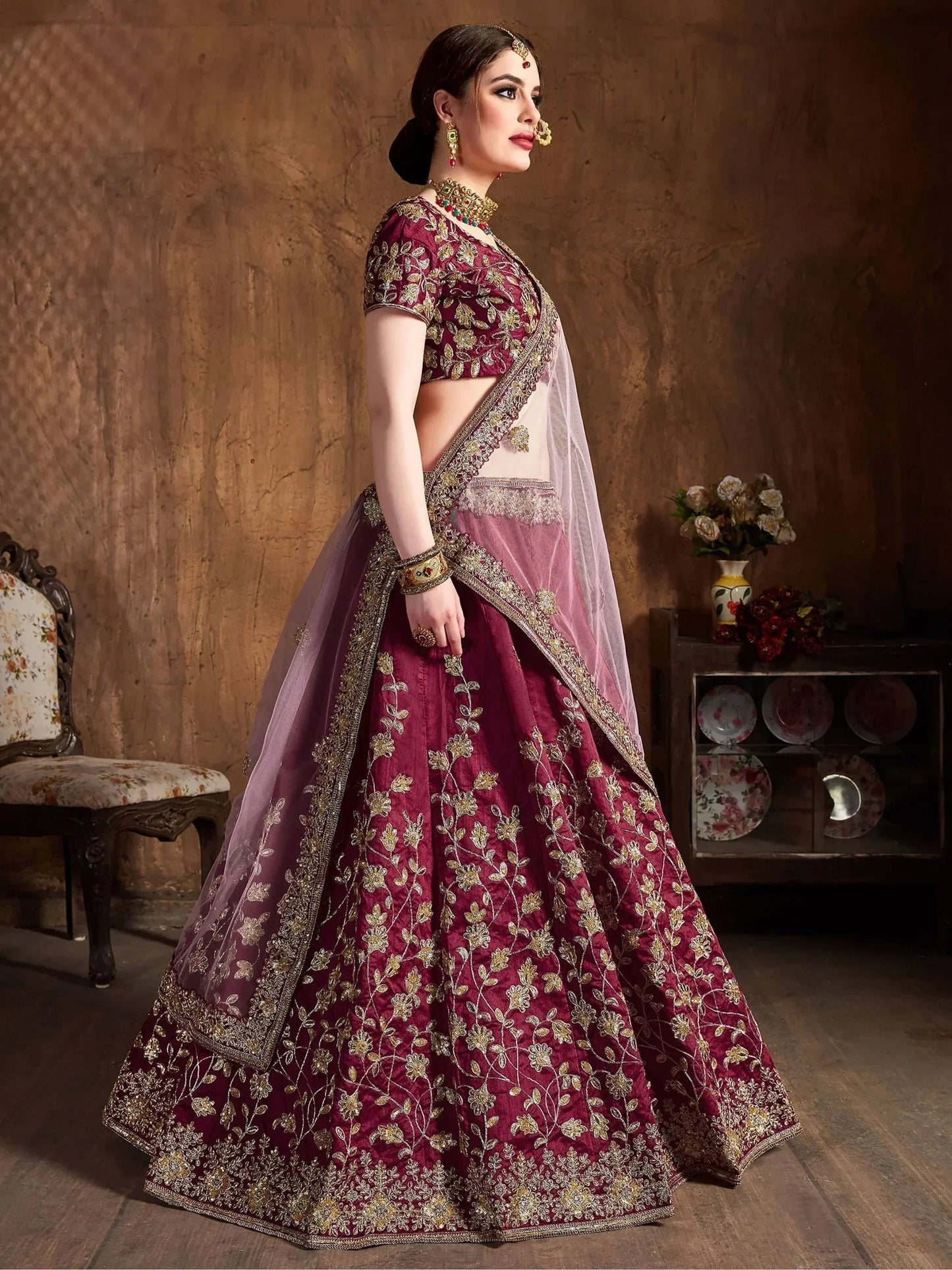 Tulsi Art Maroon Sequins Raw Silk Bridal Lehenga Choli With Pink Dupatta