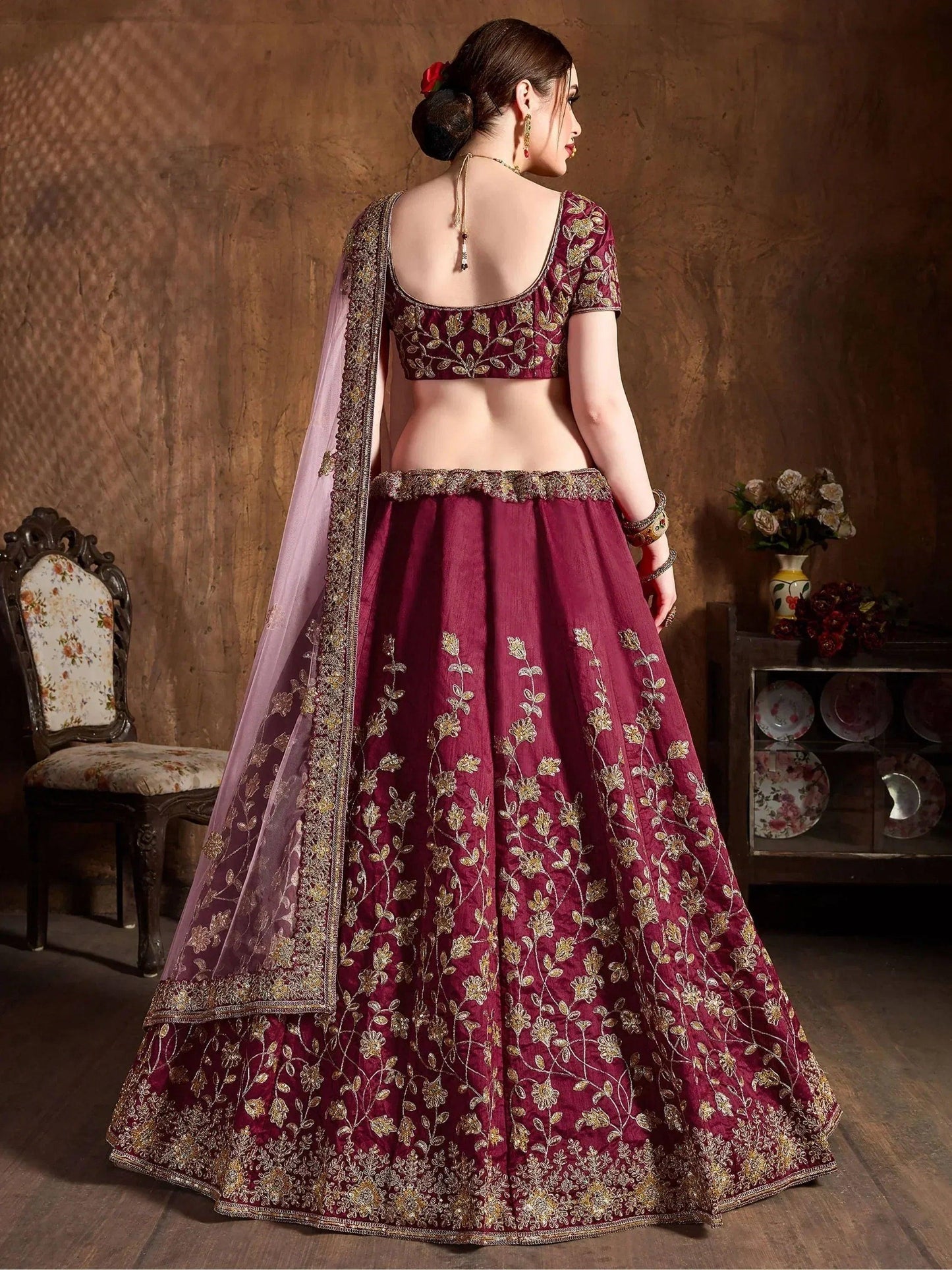 Tulsi Art Maroon Sequins Raw Silk Bridal Lehenga Choli With Pink Dupatta