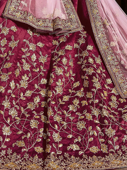 Tulsi Art Maroon Sequins Raw Silk Bridal Lehenga Choli With Pink Dupatta