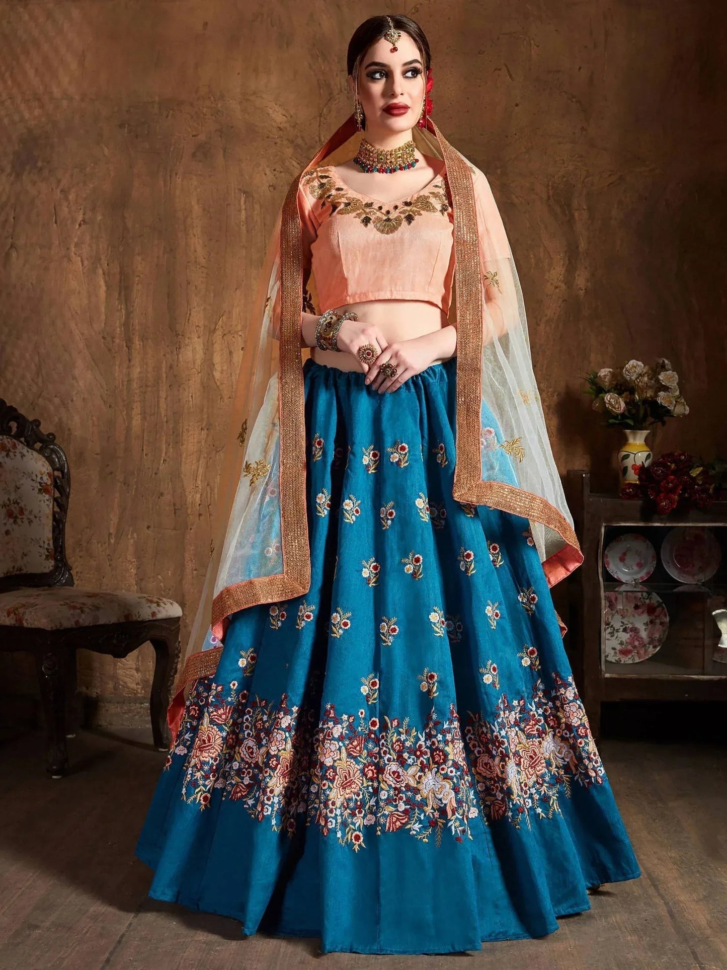 Tulsi Art Teal Blue Thread Work Raw Silk Bridal Lehenga With Peach Choli And Off-White Dupatta