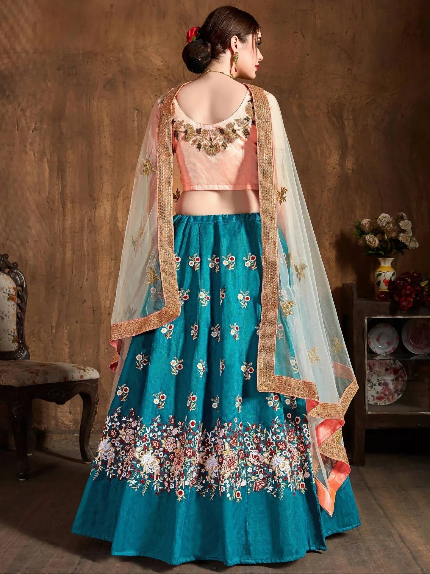 Tulsi Art Teal Blue Thread Work Raw Silk Bridal Lehenga With Peach Choli And Off-White Dupatta