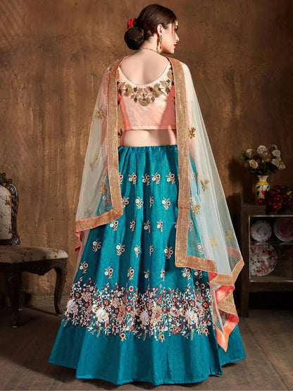 Tulsi Art Teal Blue Thread Work Raw Silk Bridal Lehenga With Peach Choli And Off-White Dupatta