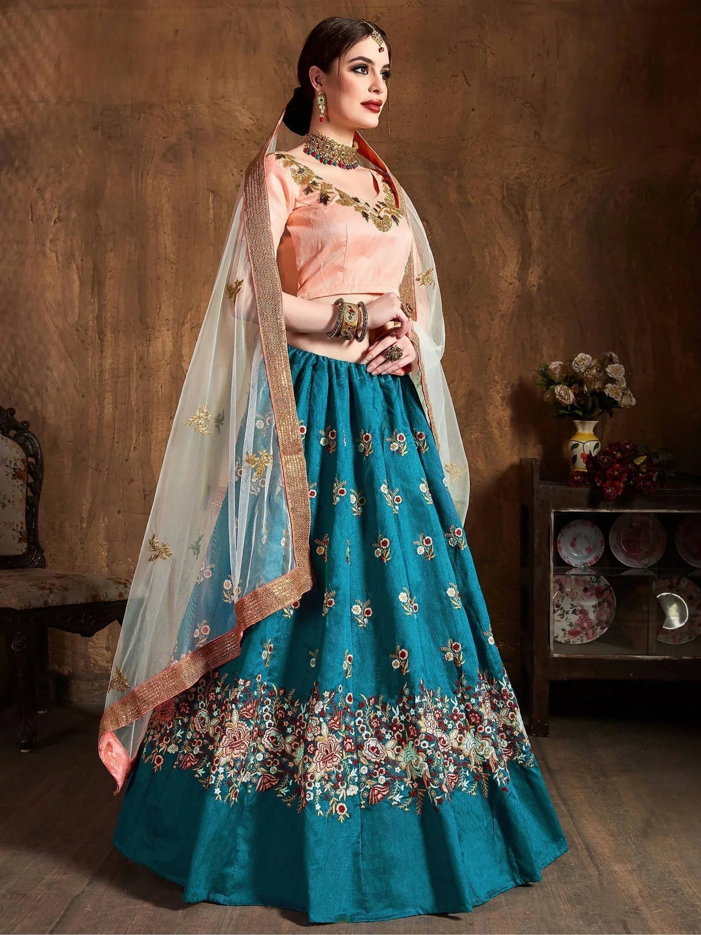 Tulsi Art Teal Blue Thread Work Raw Silk Bridal Lehenga With Peach Choli And Off-White Dupatta