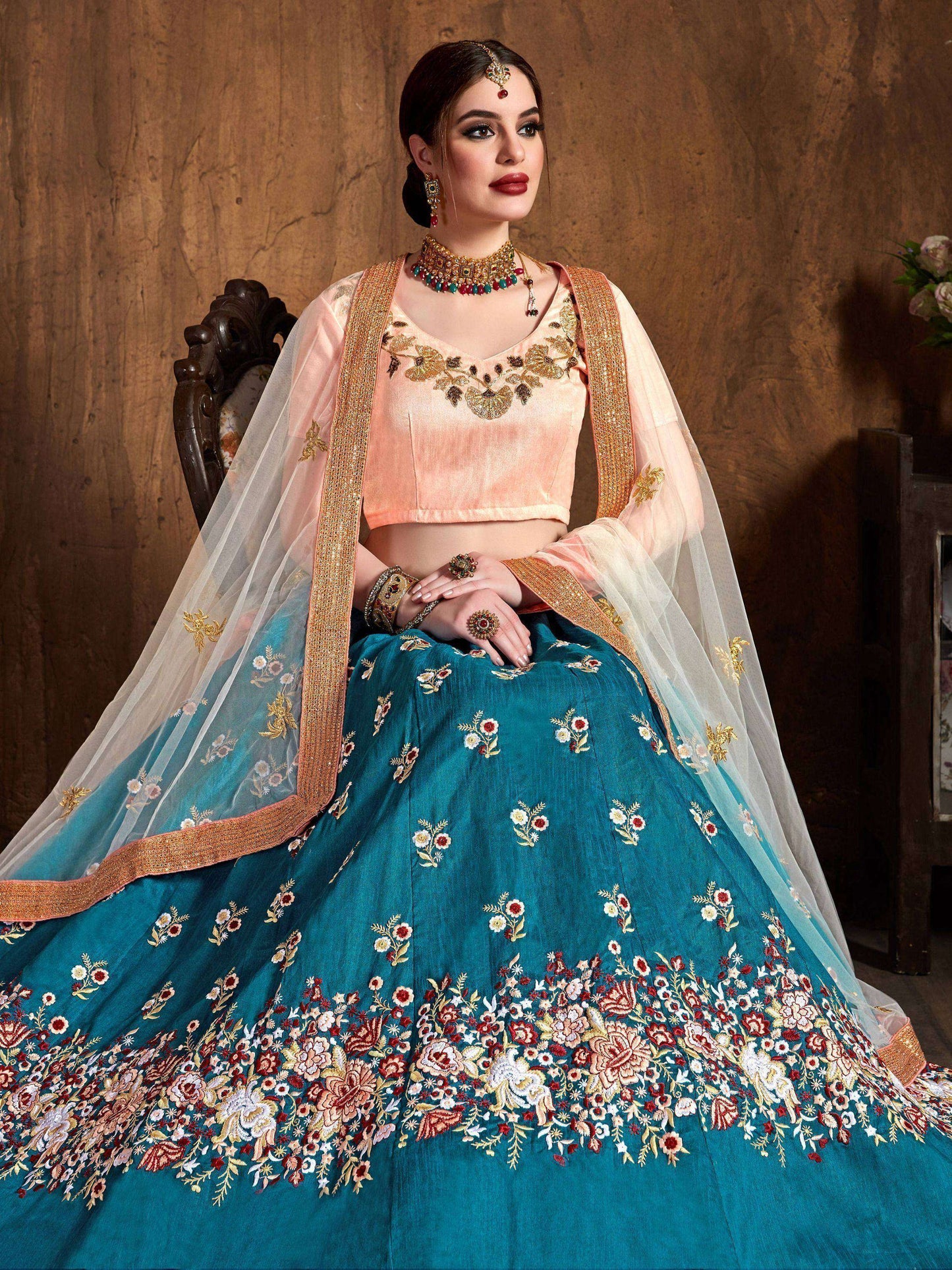 Tulsi Art Teal Blue Thread Work Raw Silk Bridal Lehenga With Peach Choli And Off-White Dupatta