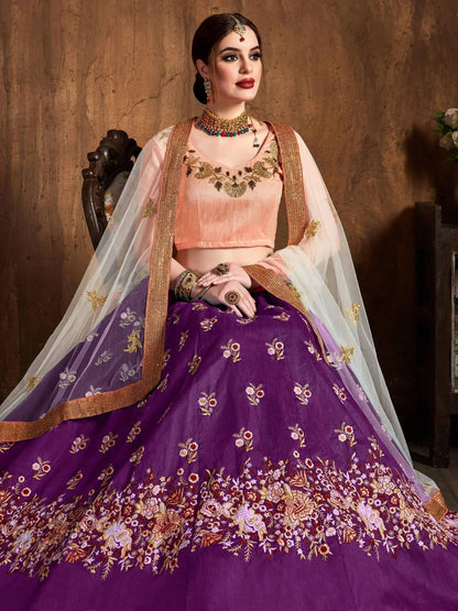 Tulsi Art Purple Thread Work Raw Silk Bridal Lehenga With Peach Choli And Off-White Dupatta