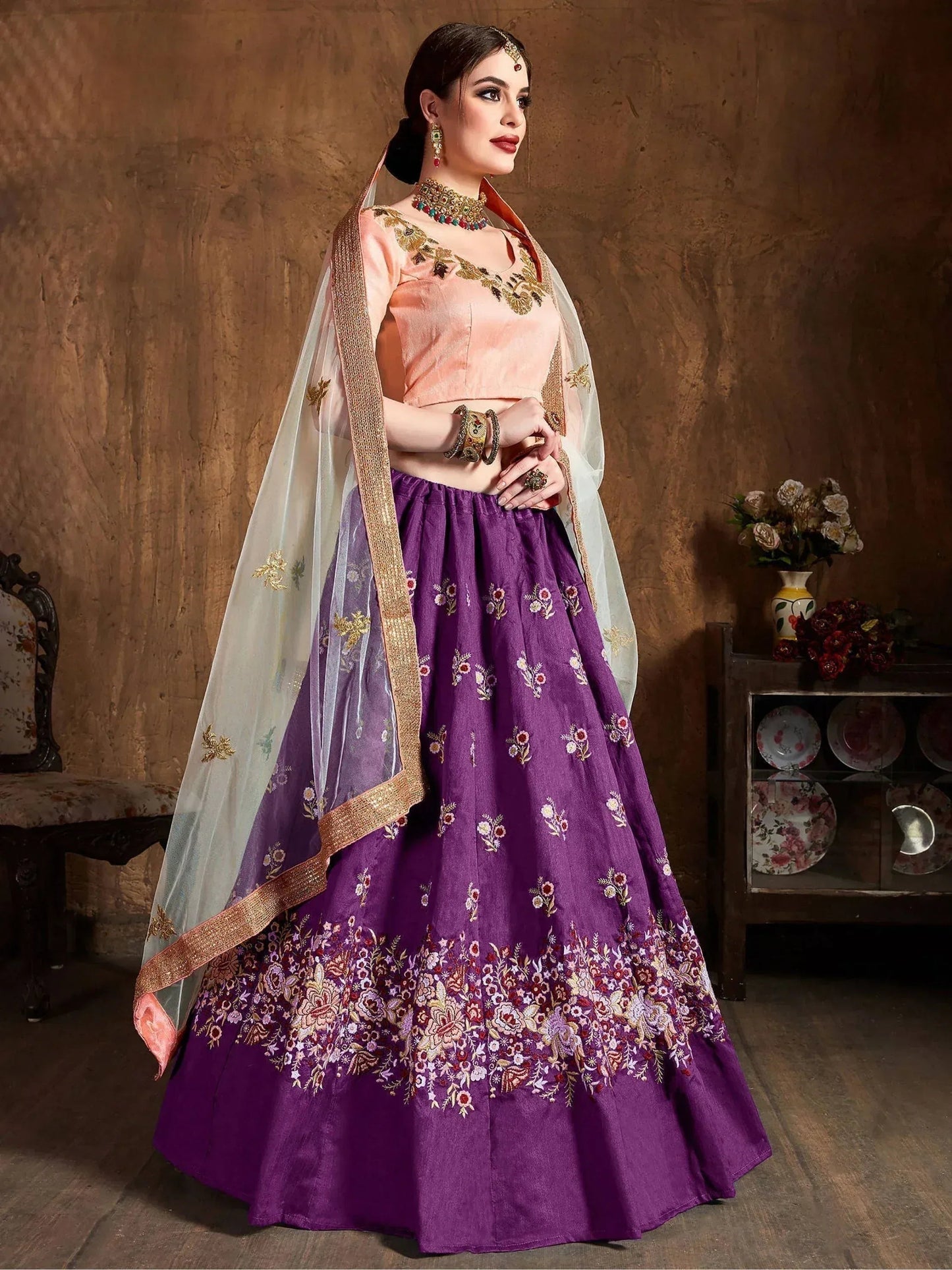 Tulsi Art Purple Thread Work Raw Silk Bridal Lehenga With Peach Choli And Off-White Dupatta