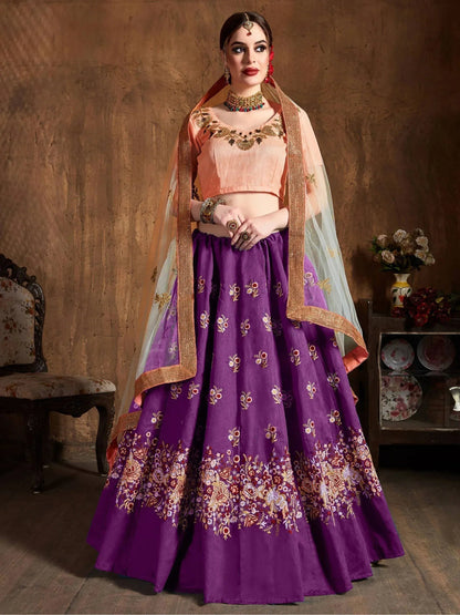 Tulsi Art Purple Thread Work Raw Silk Bridal Lehenga With Peach Choli And Off-White Dupatta