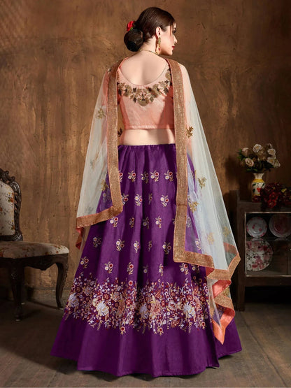 Tulsi Art Purple Thread Work Raw Silk Bridal Lehenga With Peach Choli And Off-White Dupatta