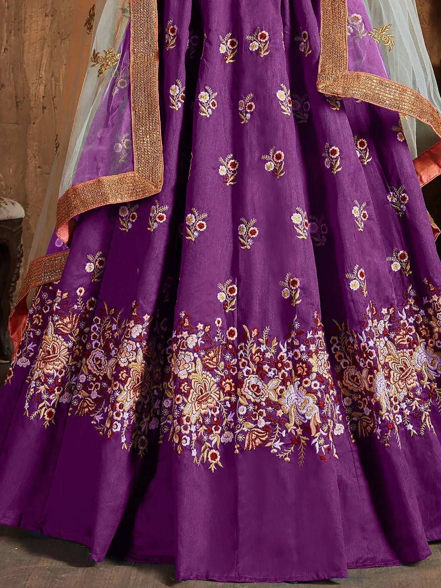Tulsi Art Purple Thread Work Raw Silk Bridal Lehenga With Peach Choli And Off-White Dupatta
