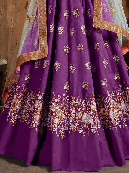 Tulsi Art Purple Thread Work Raw Silk Bridal Lehenga With Peach Choli And Off-White Dupatta