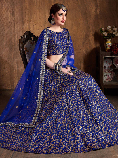 Tulsi Art Blue Zari Embroidery Raw Silk Wedding Lehenga Choli With Dupatta