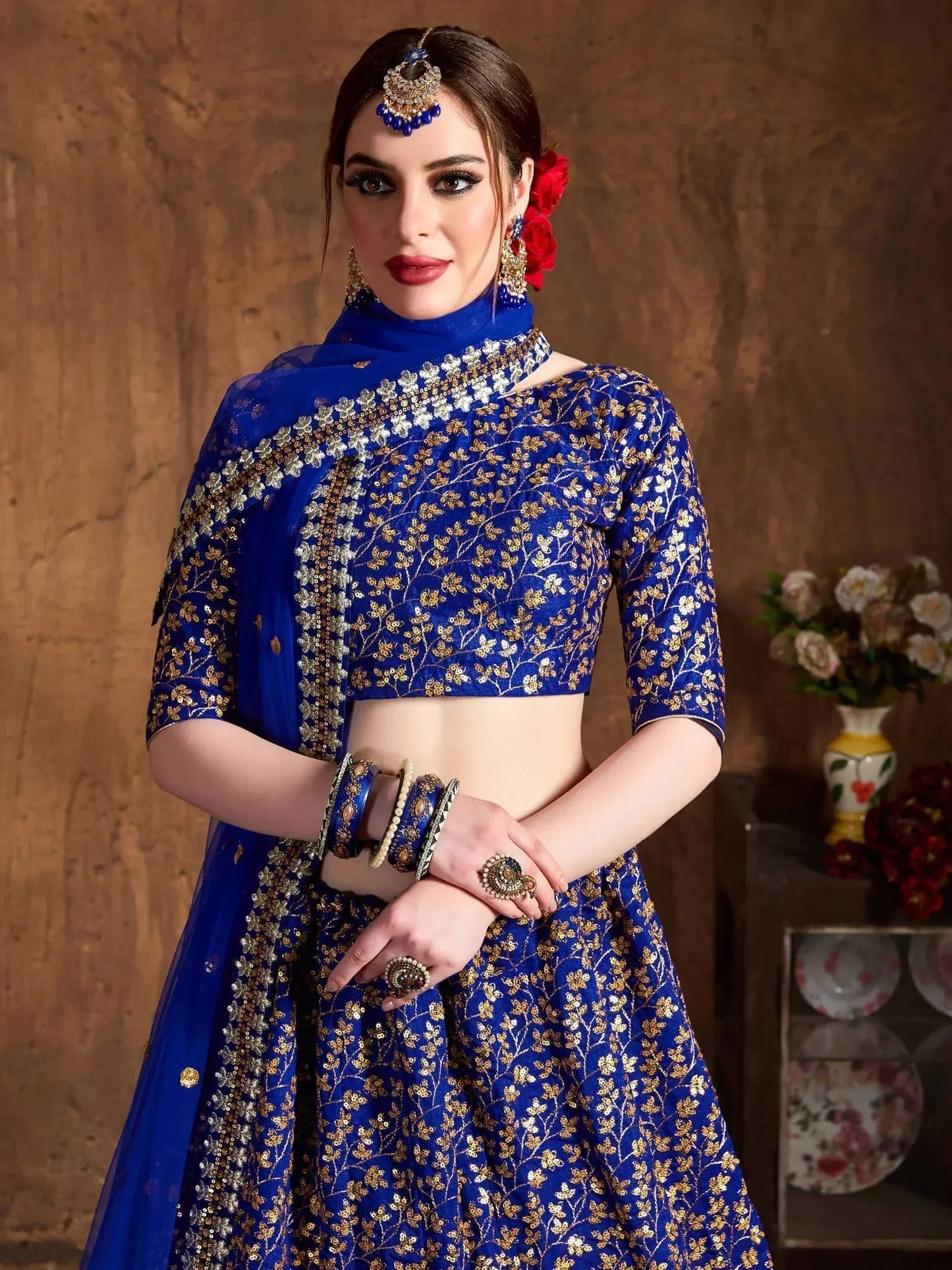 Tulsi Art Blue Zari Embroidery Raw Silk Wedding Lehenga Choli With Dupatta