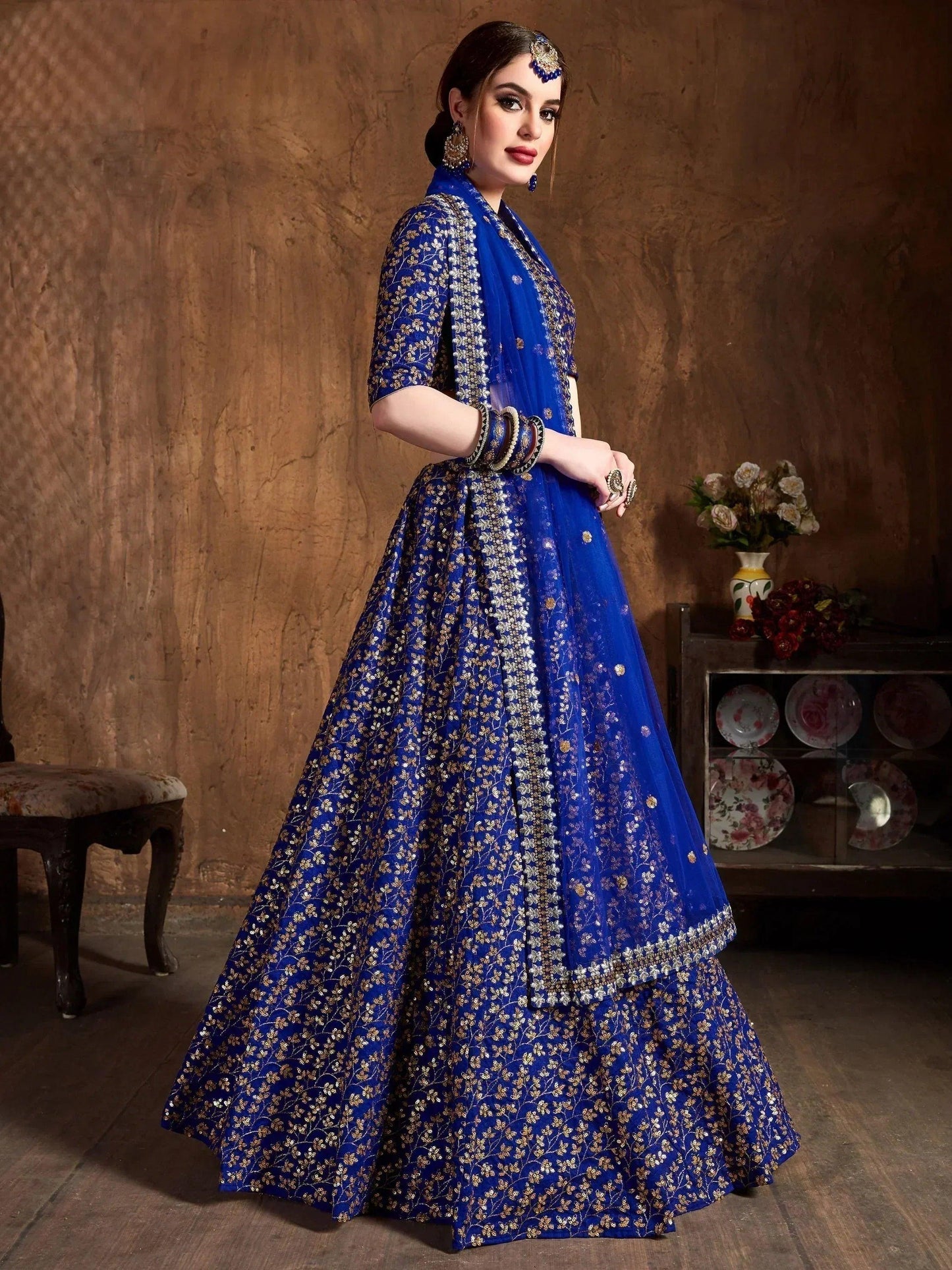 Tulsi Art Blue Zari Embroidery Raw Silk Wedding Lehenga Choli With Dupatta