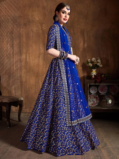 Tulsi Art Blue Zari Embroidery Raw Silk Wedding Lehenga Choli With Dupatta