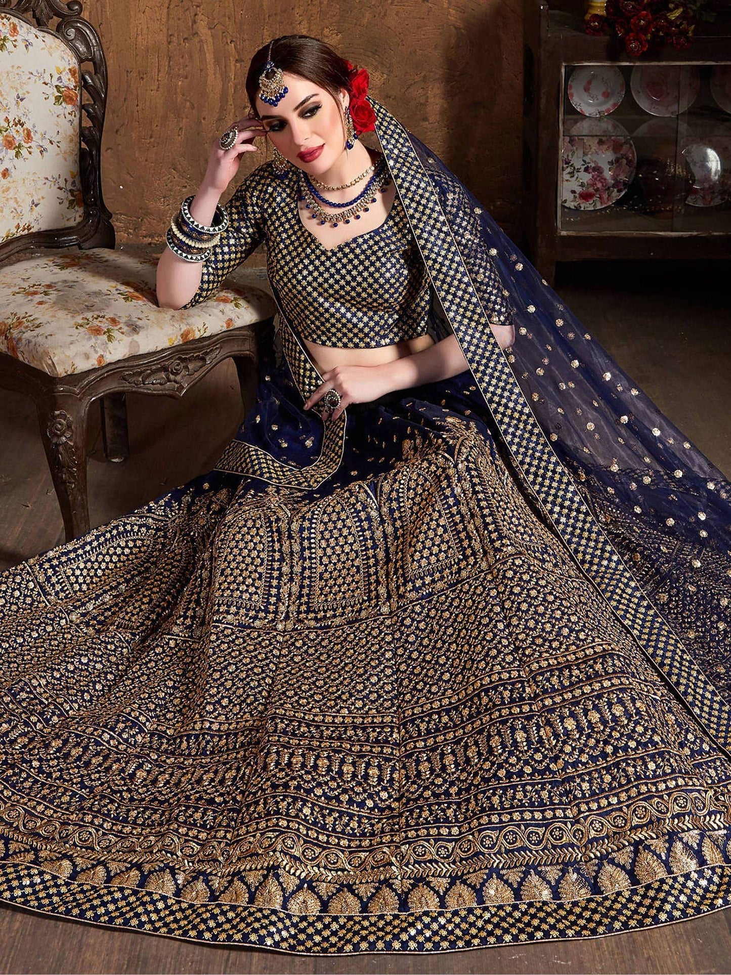 Tulsi Art Navy Blue Sequins Raw Silk Wedding Lehenga Choli With Dupatta