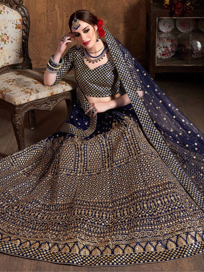 Tulsi Art Navy Blue Sequins Raw Silk Wedding Lehenga Choli With Dupatta