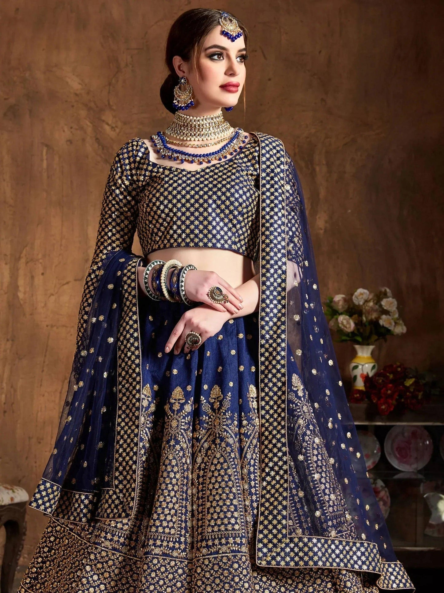 Tulsi Art Navy Blue Sequins Raw Silk Wedding Lehenga Choli With Dupatta