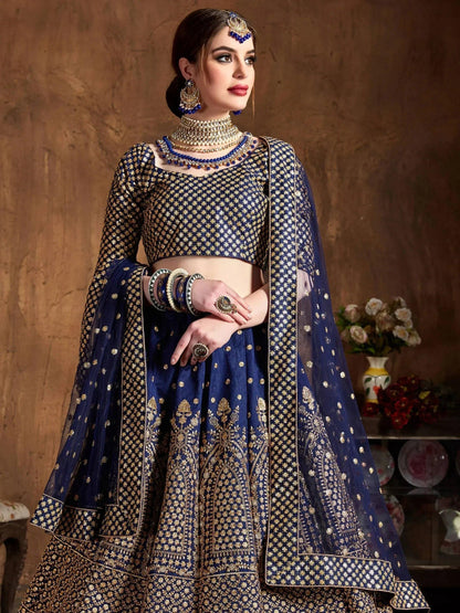 Tulsi Art Navy Blue Sequins Raw Silk Wedding Lehenga Choli With Dupatta