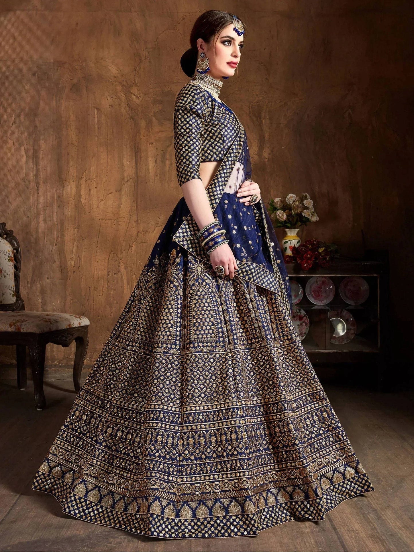 Tulsi Art Navy Blue Sequins Raw Silk Wedding Lehenga Choli With Dupatta