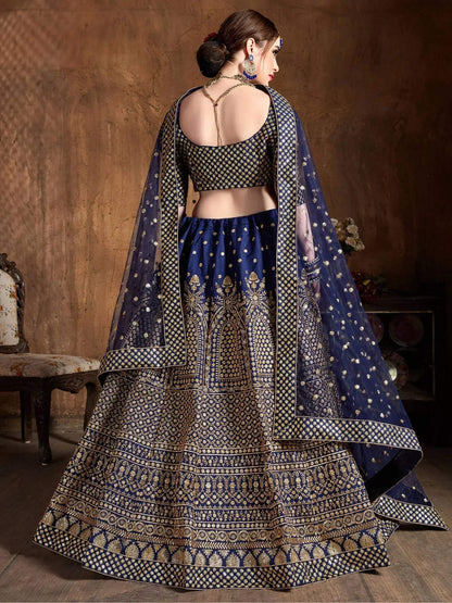 Tulsi Art Navy Blue Sequins Raw Silk Wedding Lehenga Choli With Dupatta