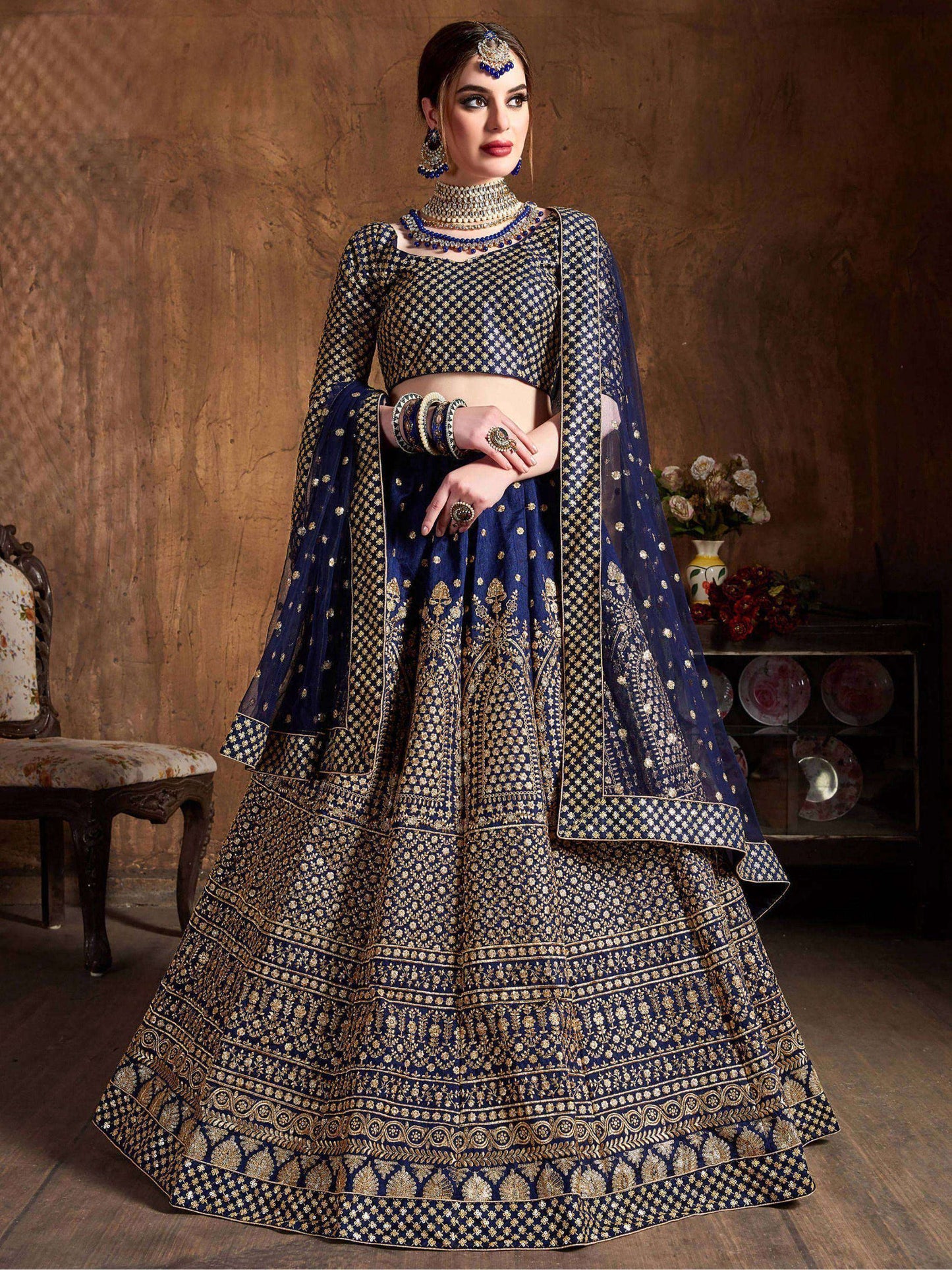 Tulsi Art Navy Blue Sequins Raw Silk Wedding Lehenga Choli With Dupatta