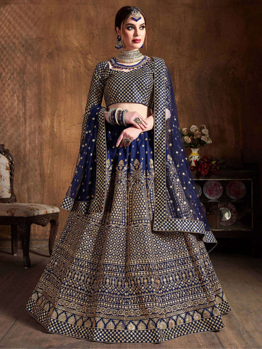 Tulsi Art Navy Blue Sequins Raw Silk Wedding Lehenga Choli With Dupatta