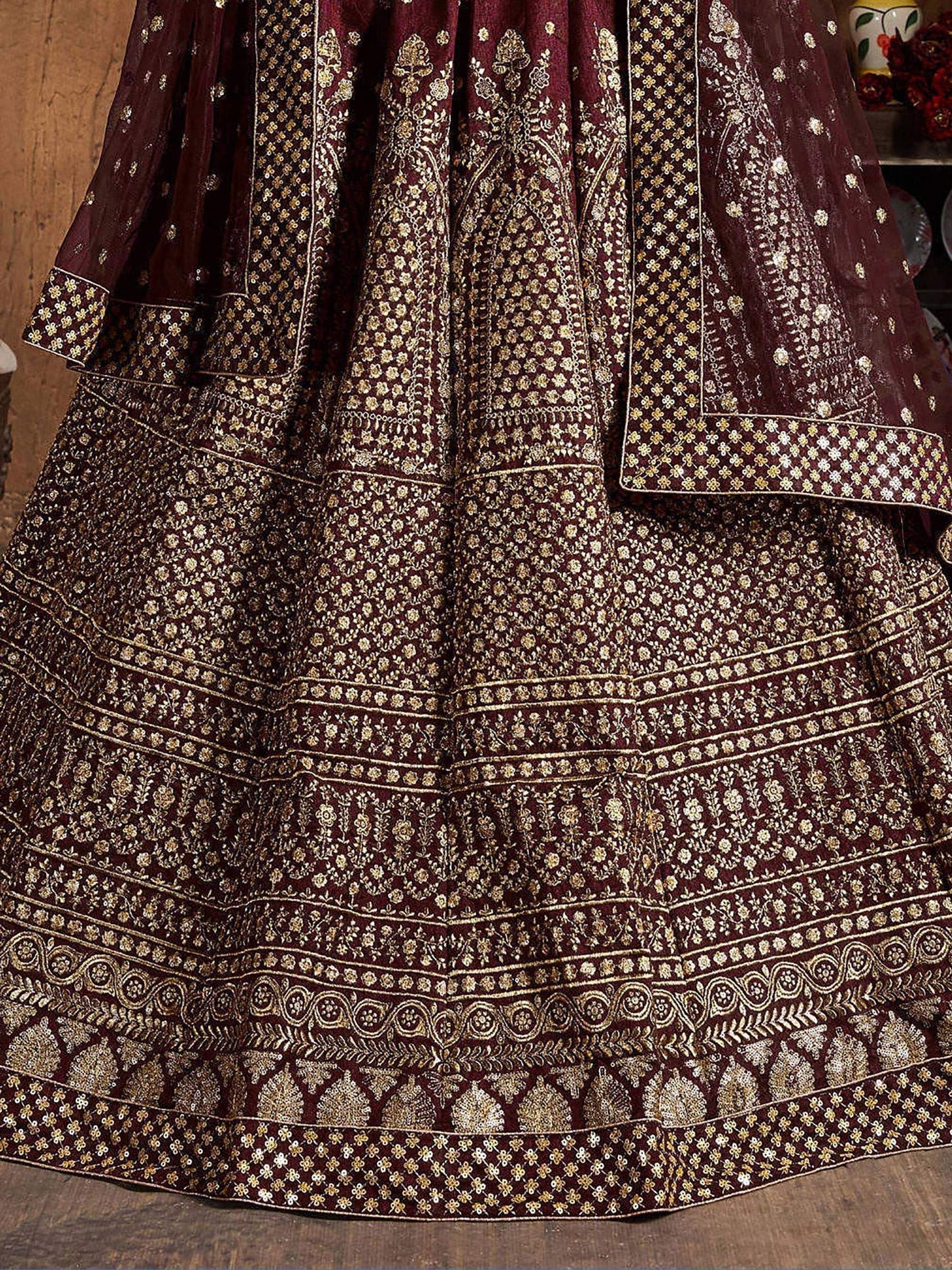 Tulsi Art Maroon Sequins Raw Silk Wedding Lehenga Choli With Dupatta