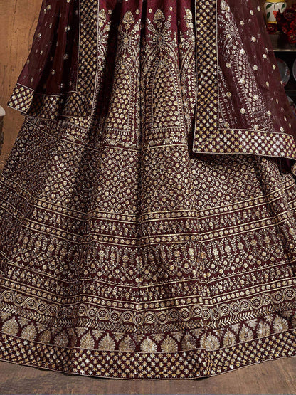 Tulsi Art Maroon Sequins Raw Silk Wedding Lehenga Choli With Dupatta