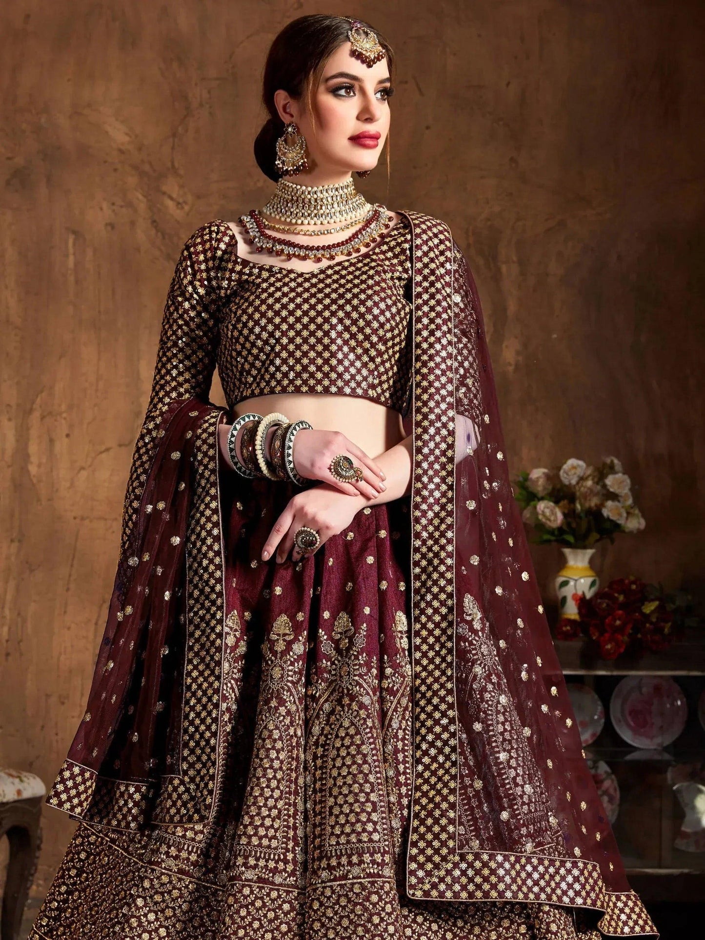Tulsi Art Maroon Sequins Raw Silk Wedding Lehenga Choli With Dupatta