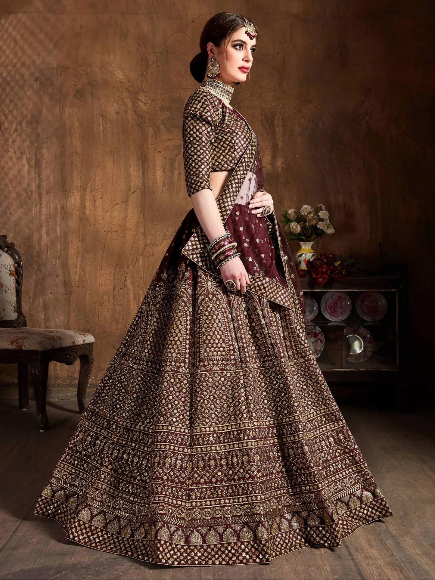 Tulsi Art Maroon Sequins Raw Silk Wedding Lehenga Choli With Dupatta