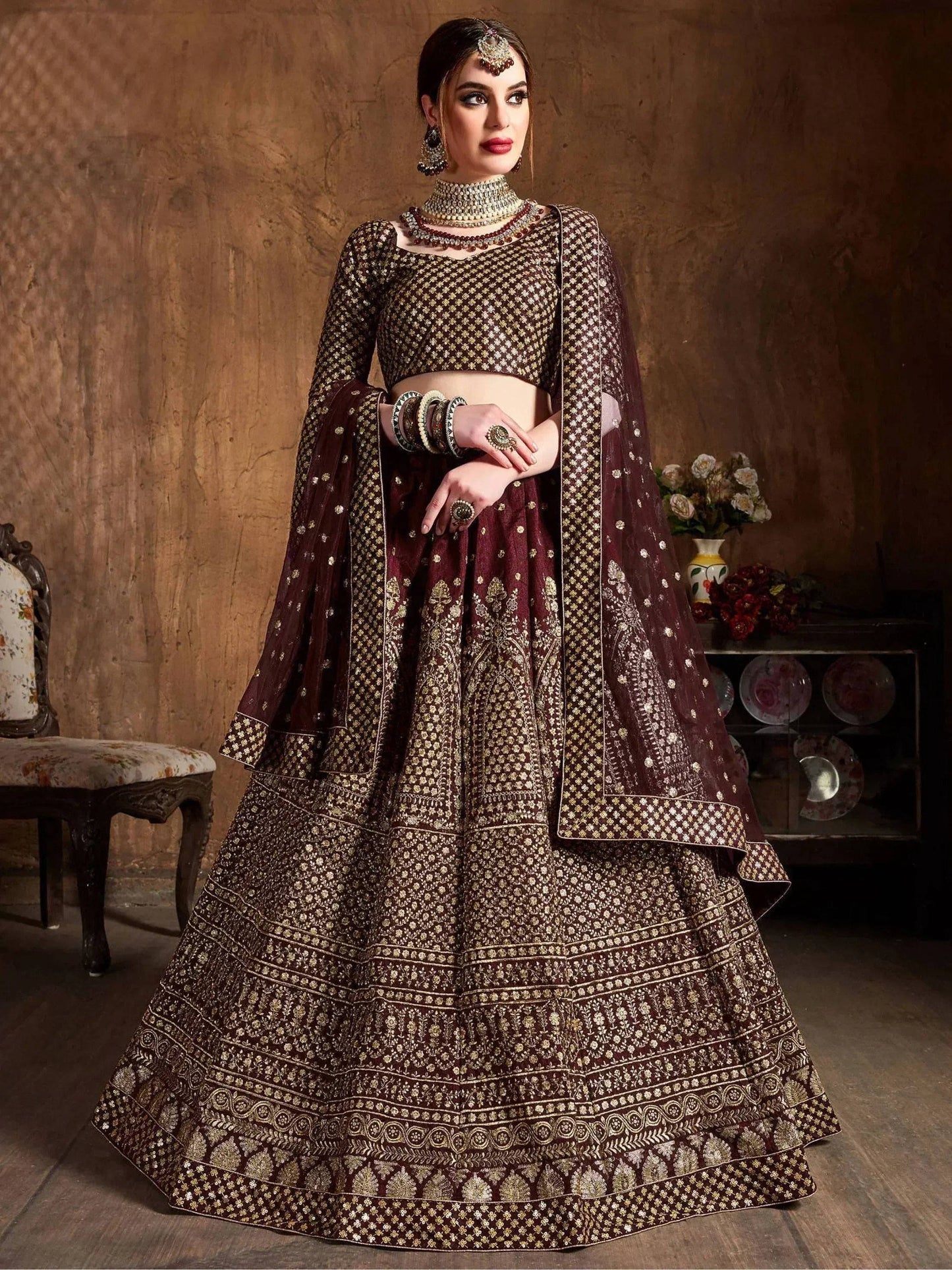 Tulsi Art Maroon Sequins Raw Silk Wedding Lehenga Choli With Dupatta
