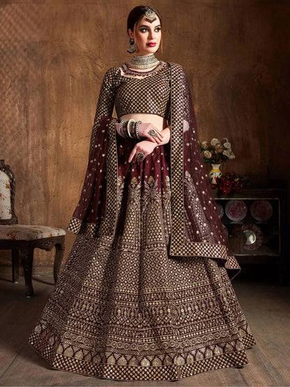 Tulsi Art Maroon Sequins Raw Silk Wedding Lehenga Choli With Dupatta
