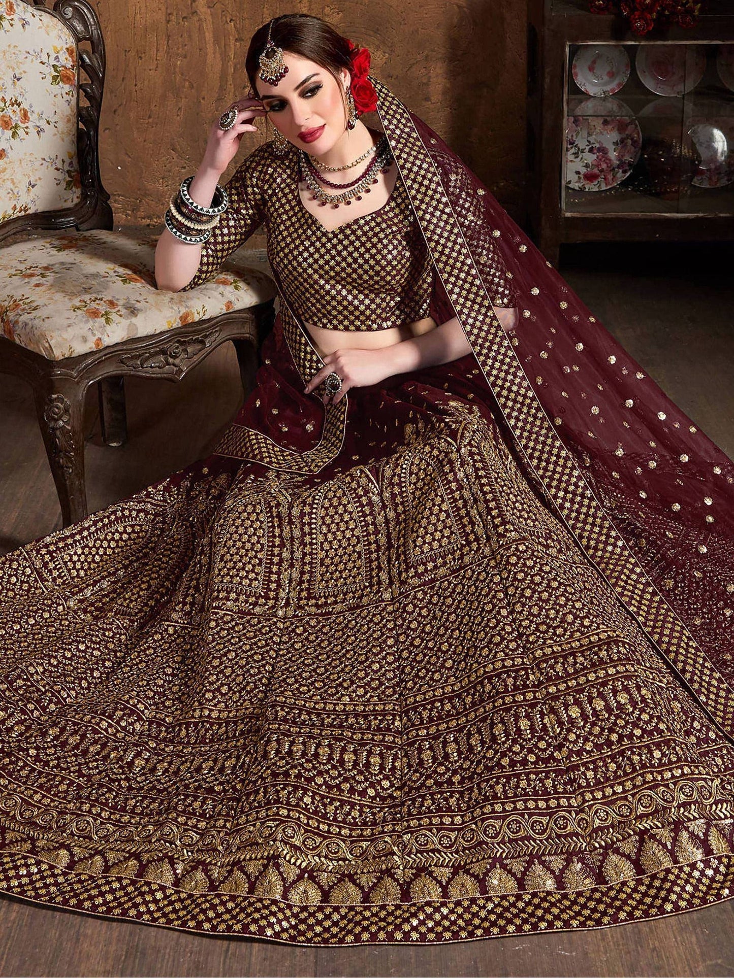Tulsi Art Maroon Sequins Raw Silk Wedding Lehenga Choli With Dupatta