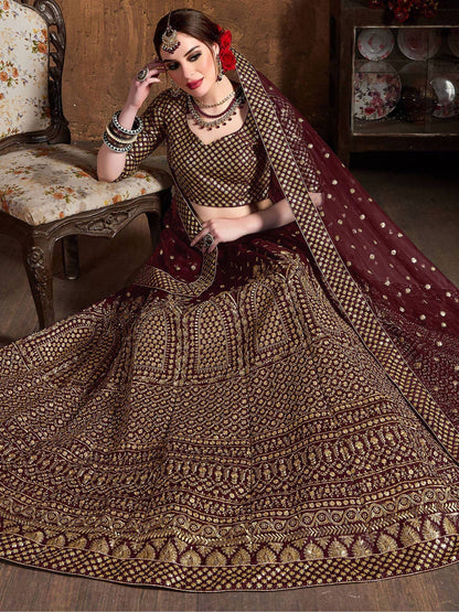 Tulsi Art Maroon Sequins Raw Silk Wedding Lehenga Choli With Dupatta