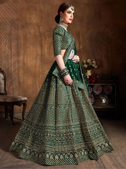 Tulsi Art Bottle Green Sequins Raw Silk Wedding Lehenga Choli With Dupatta