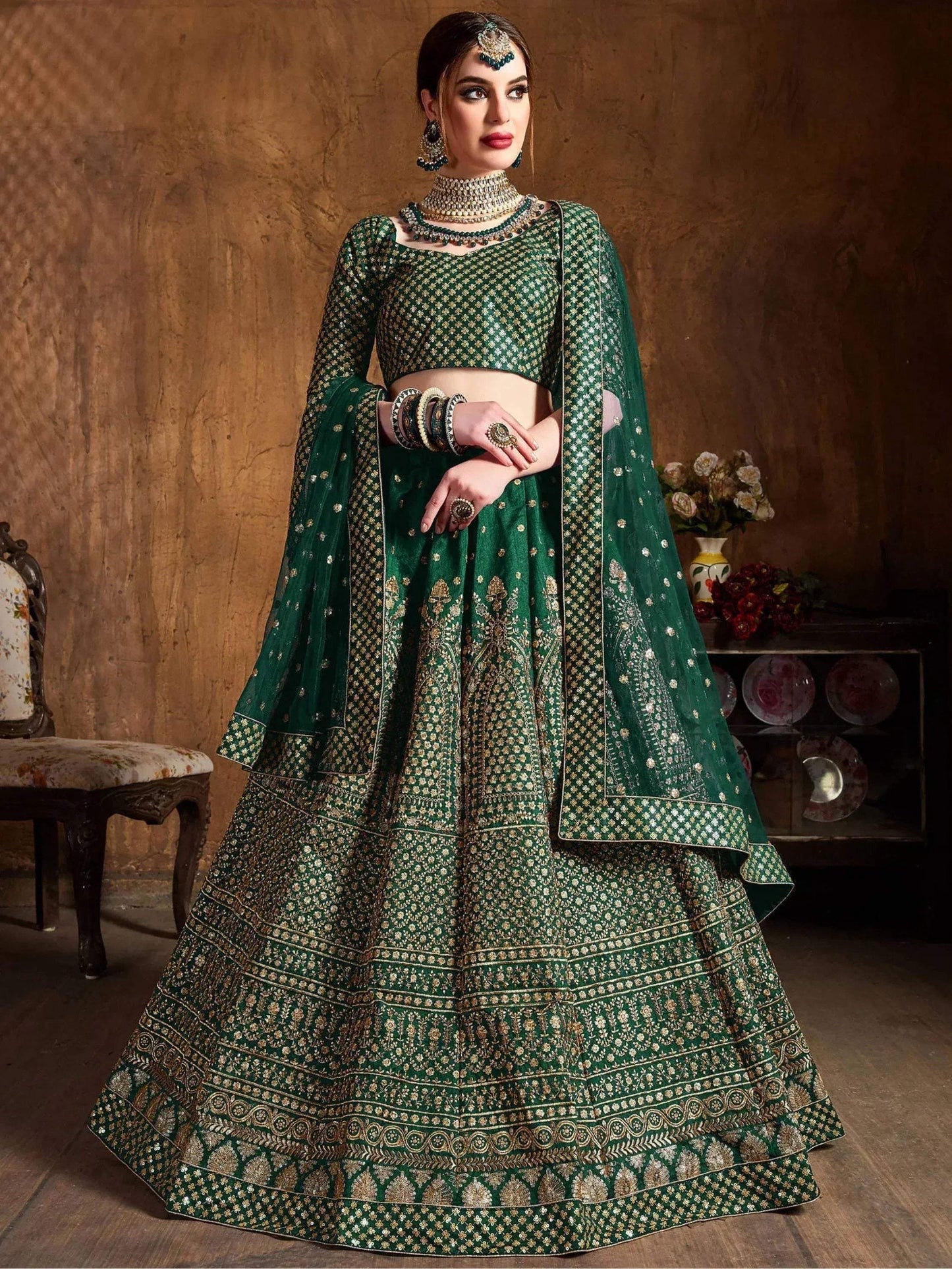 Tulsi Art Bottle Green Sequins Raw Silk Wedding Lehenga Choli With Dupatta