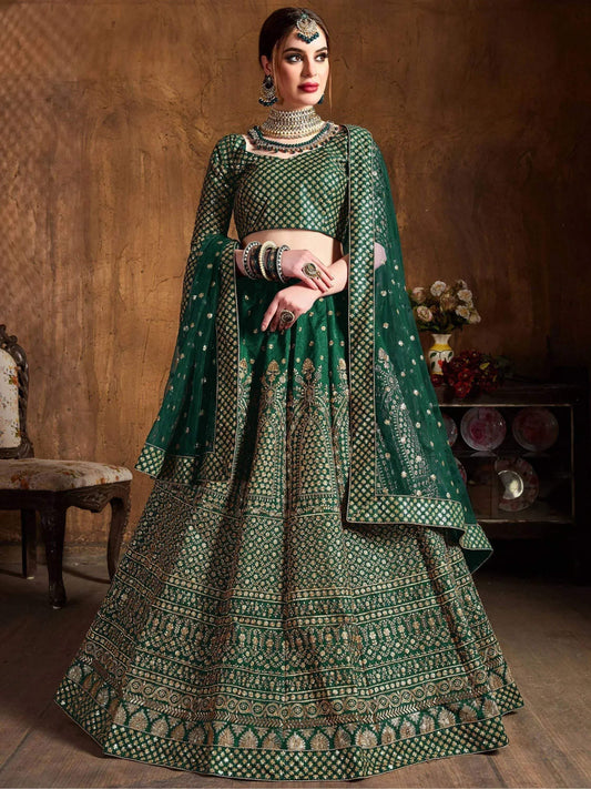 Tulsi Art Bottle Green Sequins Raw Silk Wedding Lehenga Choli With Dupatta