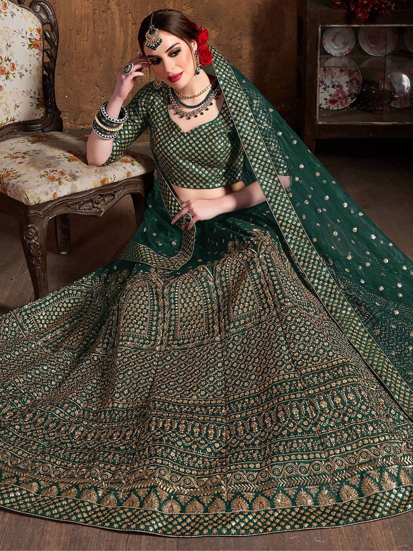 Tulsi Art Bottle Green Sequins Raw Silk Wedding Lehenga Choli With Dupatta