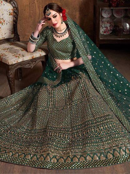 Tulsi Art Bottle Green Sequins Raw Silk Wedding Lehenga Choli With Dupatta