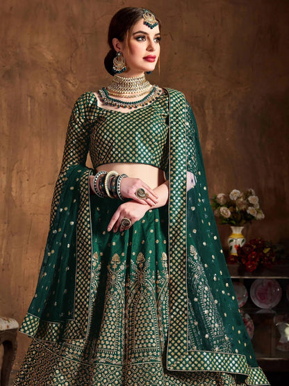 Tulsi Art Bottle Green Sequins Raw Silk Wedding Lehenga Choli With Dupatta