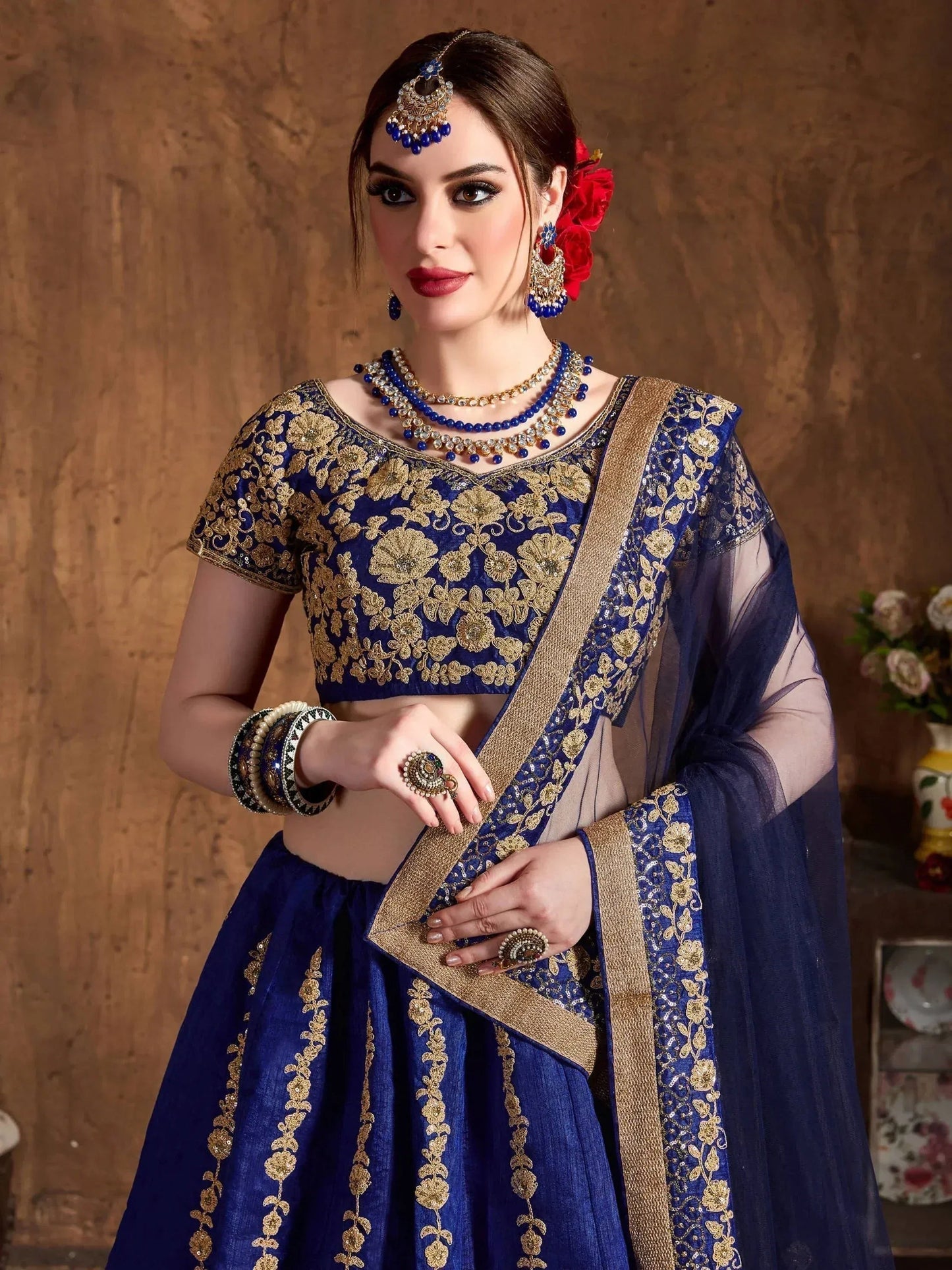 Tulsi Art Navy Blue Embroidery Raw Silk Wedding Lehenga Choli With Dupatta