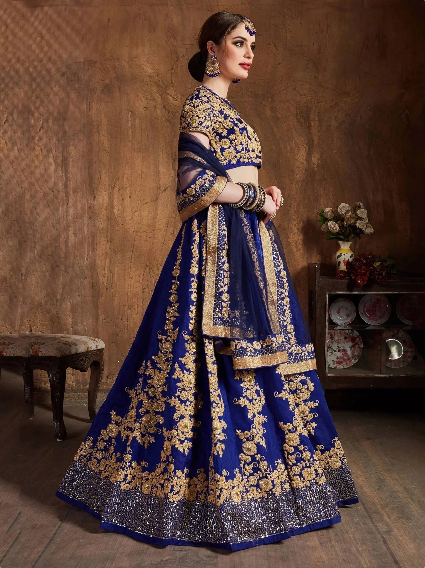 Tulsi Art Navy Blue Embroidery Raw Silk Wedding Lehenga Choli With Dupatta